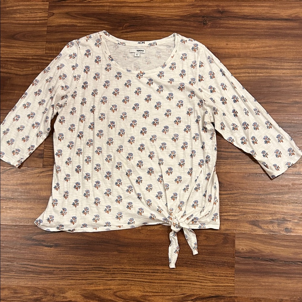 Sonoma Cream Floral Knot-Front 3/4 sleeve  Blouse.